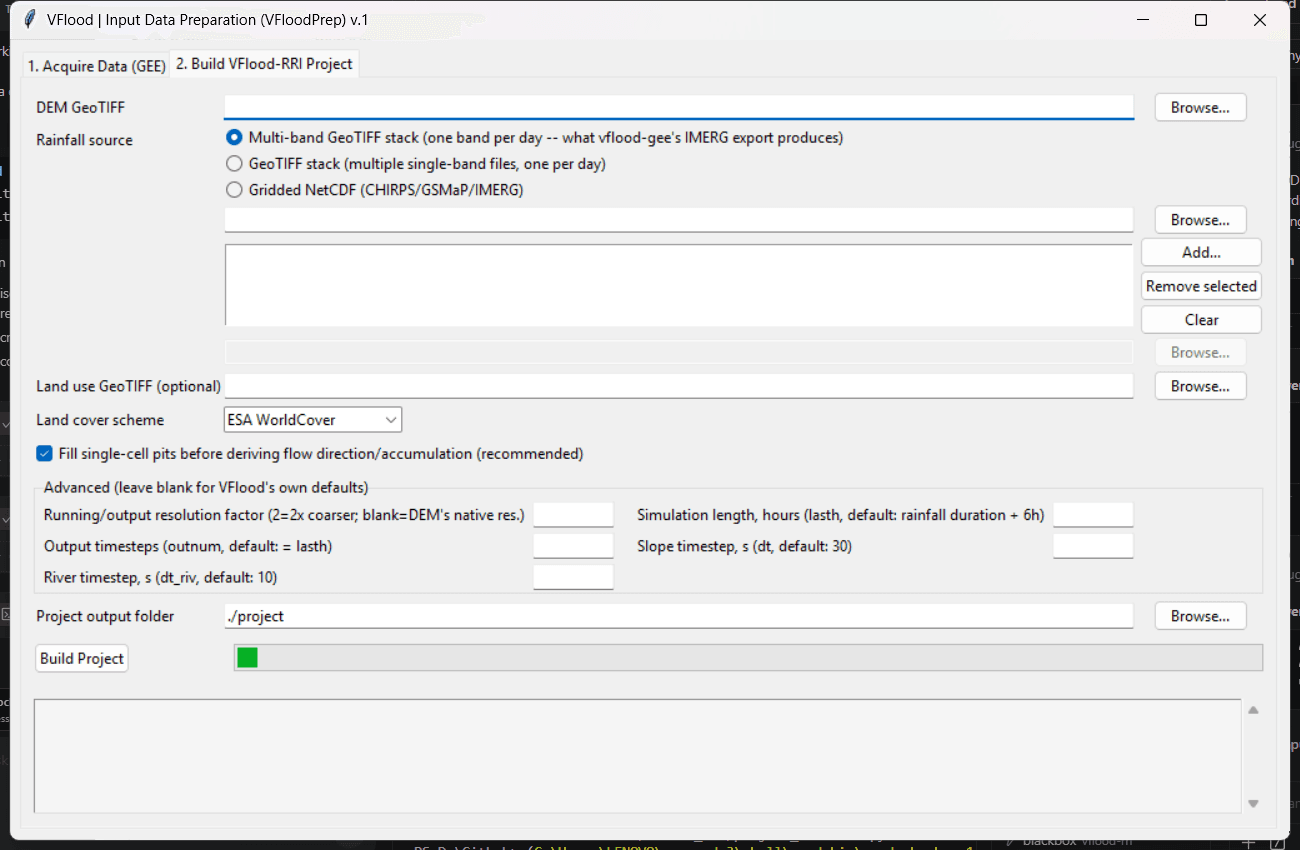 VFloodPrep Tab 2 — Build VFlood-RRI Project