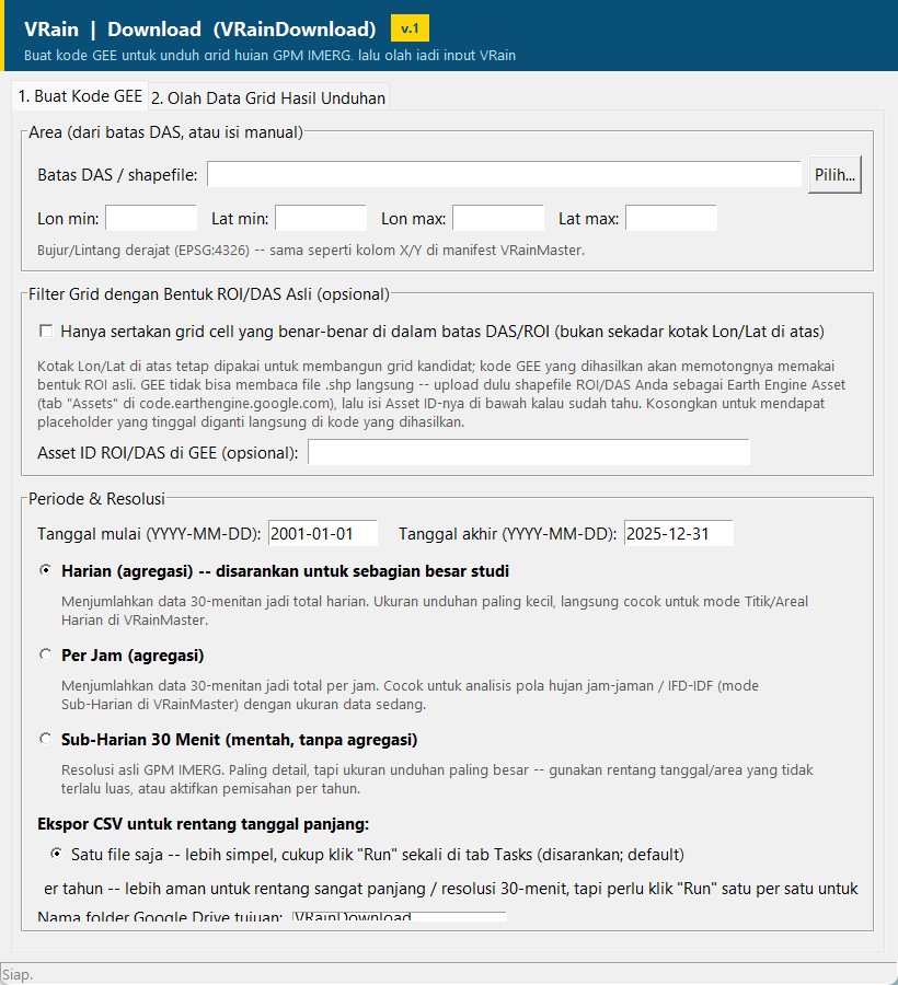 Jendela utama VRainDownload, tab Buat Kode GEE